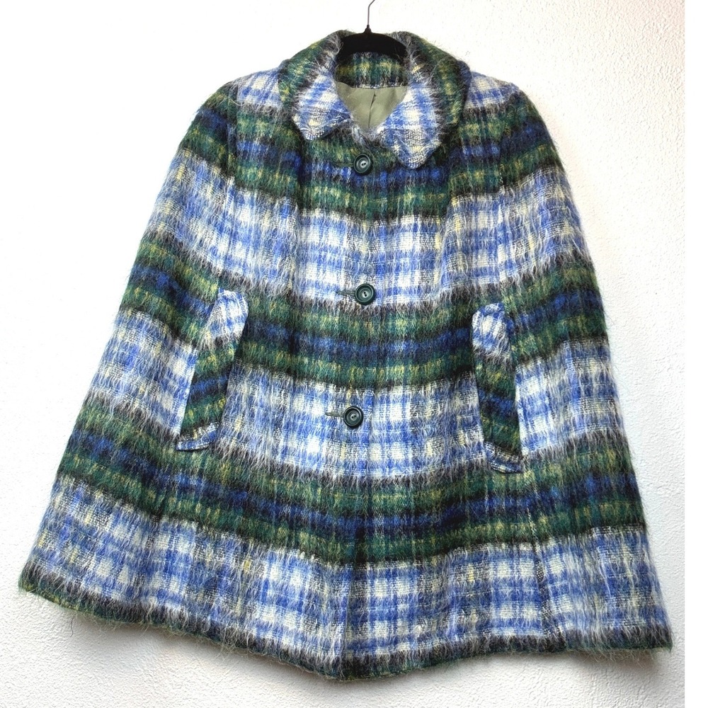 Vintage Blue Plaid Cape Coat - OS - Mohair Style Wool Oversized Mod 1960s
